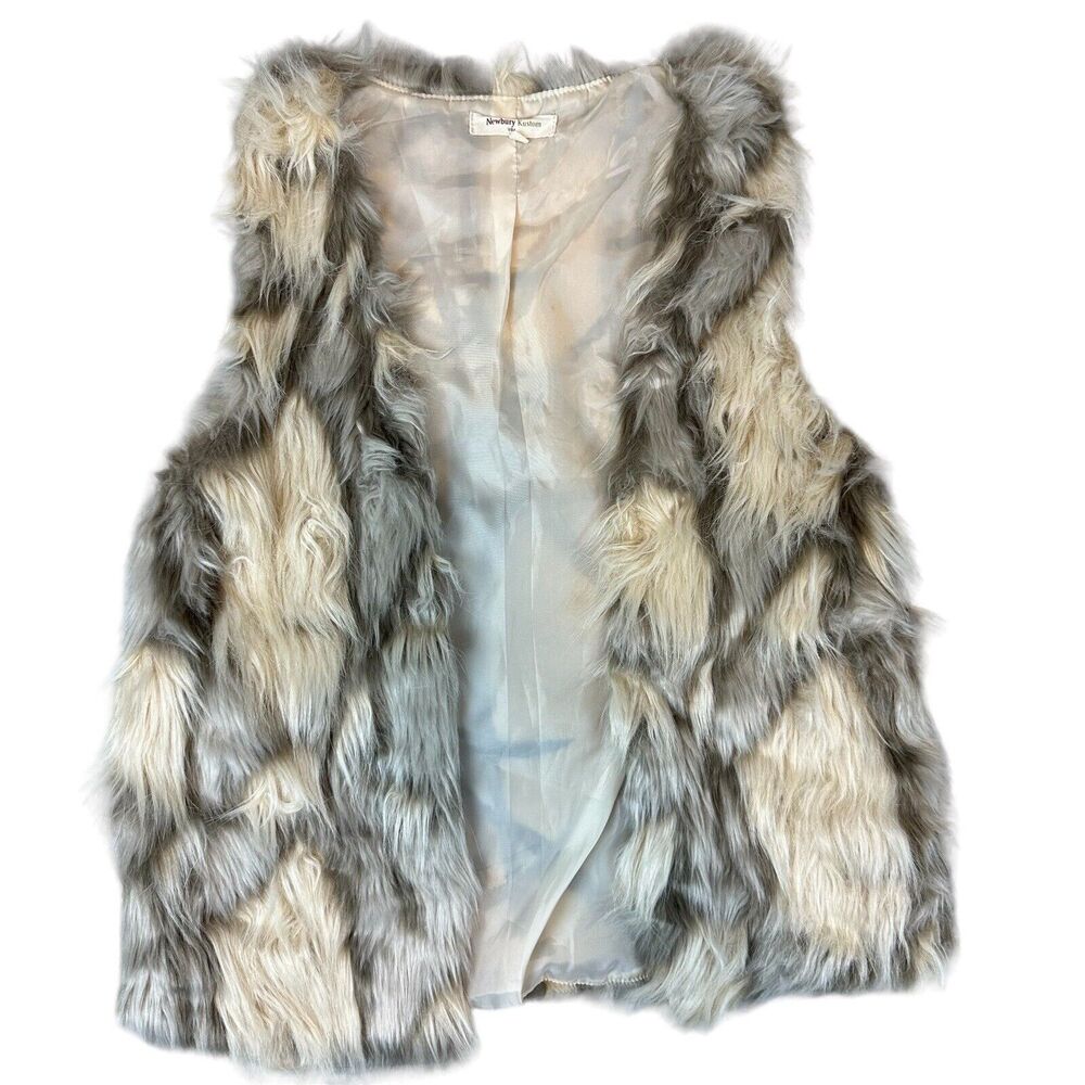 Newbury Kustom Faux Fur Vest Women Small Grey Cream Excellent NKT5142 Patchwork